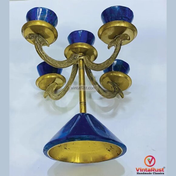 Lapis Stone Candle Holder, Vintage Lapis & Brass Candle Holder, Elegant 5-Light - Picture 5 of 6